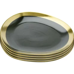 Kare Design Vaisselle De Noël Assiette En Grès Vert Foncé Et Doré D27 - Lot De 4