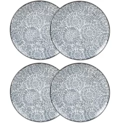 Maisons Du Monde Assiettes Plates Assiette Plate En Grès Blanc Motifs Graphiques Bleus - Lot De 4