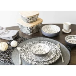 Maisons Du Monde Vaisselle De Noël Assiette Plate En Grès Noir Et Blanc Imprimé - Lot De 6 -Assiettes Soldes Magasin assiette plate en gres noir et blanc imprime 1000 6 26 154145 4