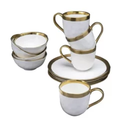 Kare Design Lot 6 Mugs, 6 Bols, 6 Assiettes Plates En Porcelaine Blanche Et Dorée